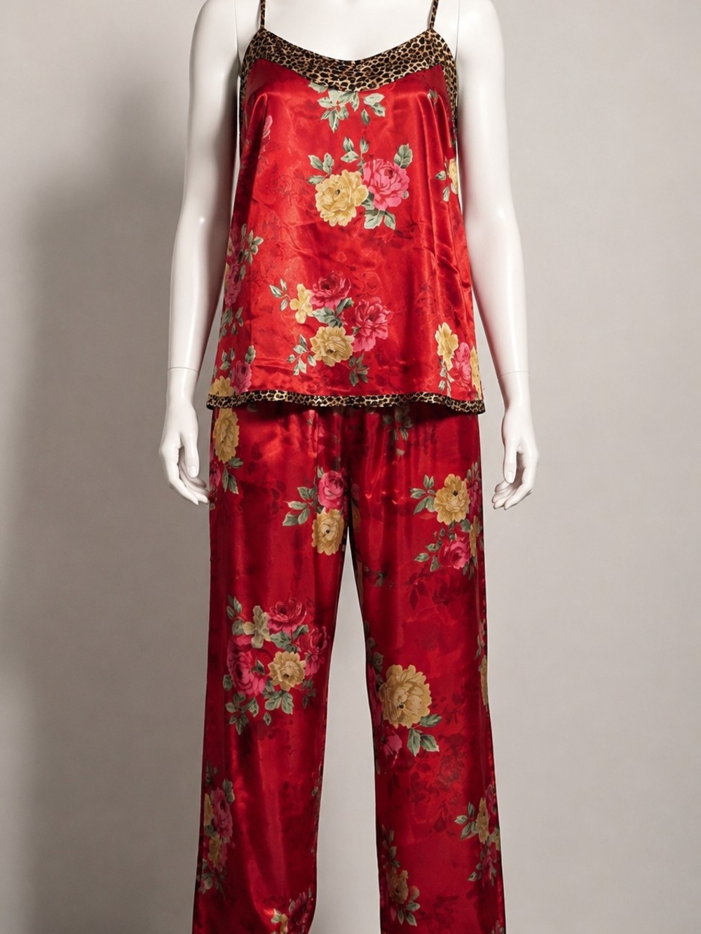 Silky Red Floral Satin Camisole & Pant Pajama Set with Leopard Trim